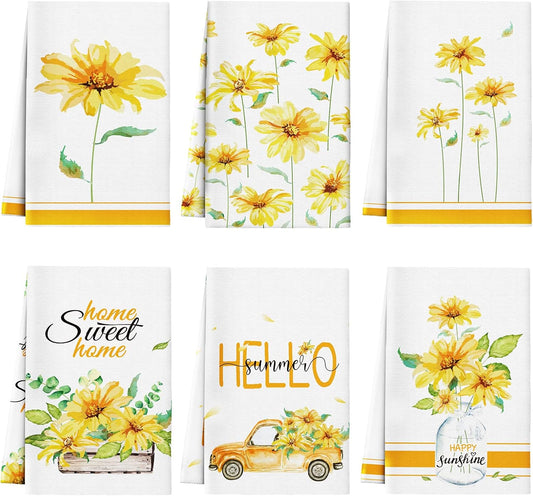 6 Pcs Spring Floral Kitchen Towels Wildflower Daisy Sunflower Dish Towels Yellow Kitchen Decor Accessories Flower Butterfly Hand Dishcloth Decorative Set for Home Farmhouse Housewarming Gift