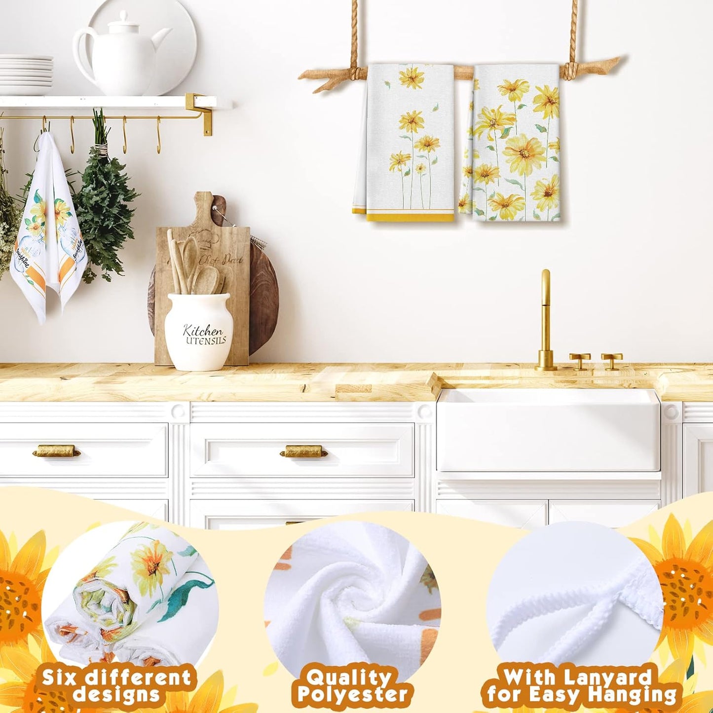 6 Pcs Spring Floral Kitchen Towels Wildflower Daisy Sunflower Dish Towels Yellow Kitchen Decor Accessories Flower Butterfly Hand Dishcloth Decorative Set for Home Farmhouse Housewarming Gift