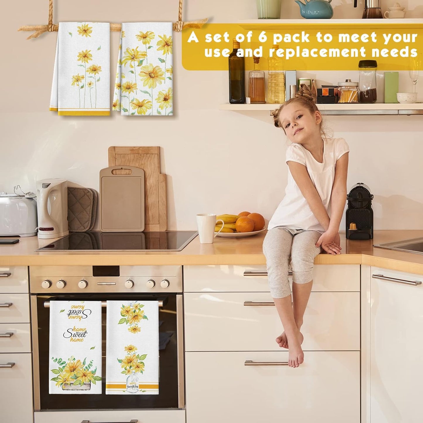 6 Pcs Spring Floral Kitchen Towels Wildflower Daisy Sunflower Dish Towels Yellow Kitchen Decor Accessories Flower Butterfly Hand Dishcloth Decorative Set for Home Farmhouse Housewarming Gift