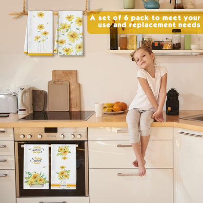 6 Pcs Spring Floral Kitchen Towels Wildflower Daisy Sunflower Dish Towels Yellow Kitchen Decor Accessories Flower Butterfly Hand Dishcloth Decorative Set for Home Farmhouse Housewarming Gift
