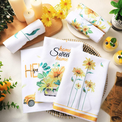 6 Pcs Spring Floral Kitchen Towels Wildflower Daisy Sunflower Dish Towels Yellow Kitchen Decor Accessories Flower Butterfly Hand Dishcloth Decorative Set for Home Farmhouse Housewarming Gift