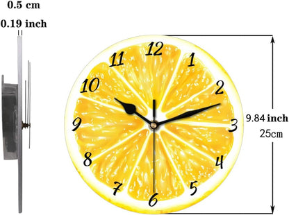 Yellow Lemon Wall Clock Battery Operated 10 in Round Wall Clocks Slilent Non Ticking Quartz Analog Clock for Bedroom Kids Living Room Classroom Decor