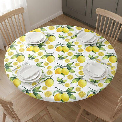 Elastic Edged Round Lemon Fitted Table Cloth Cover, Home Decorative Tablecloth for Indoor Outdoor Kitchen Party, Fits 40" - 44" Tables, Small