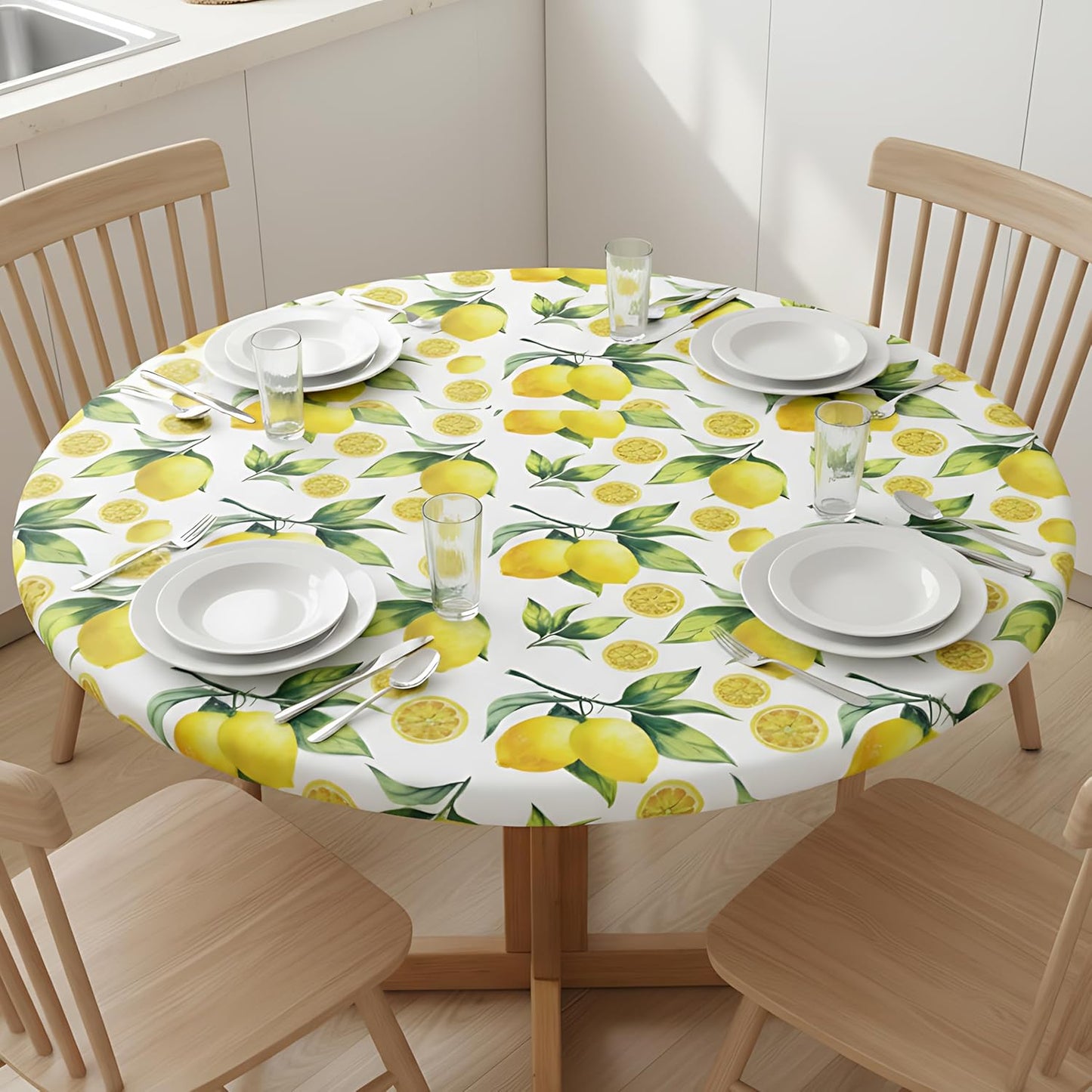 Elastic Edged Round Lemon Fitted Table Cloth Cover, Home Decorative Tablecloth for Indoor Outdoor Kitchen Party, Fits 40" - 44" Tables, Small