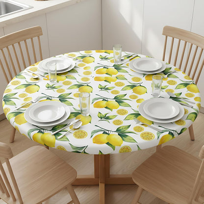 Elastic Edged Round Lemon Fitted Table Cloth Cover, Home Decorative Tablecloth for Indoor Outdoor Kitchen Party, Fits 40" - 44" Tables, Small