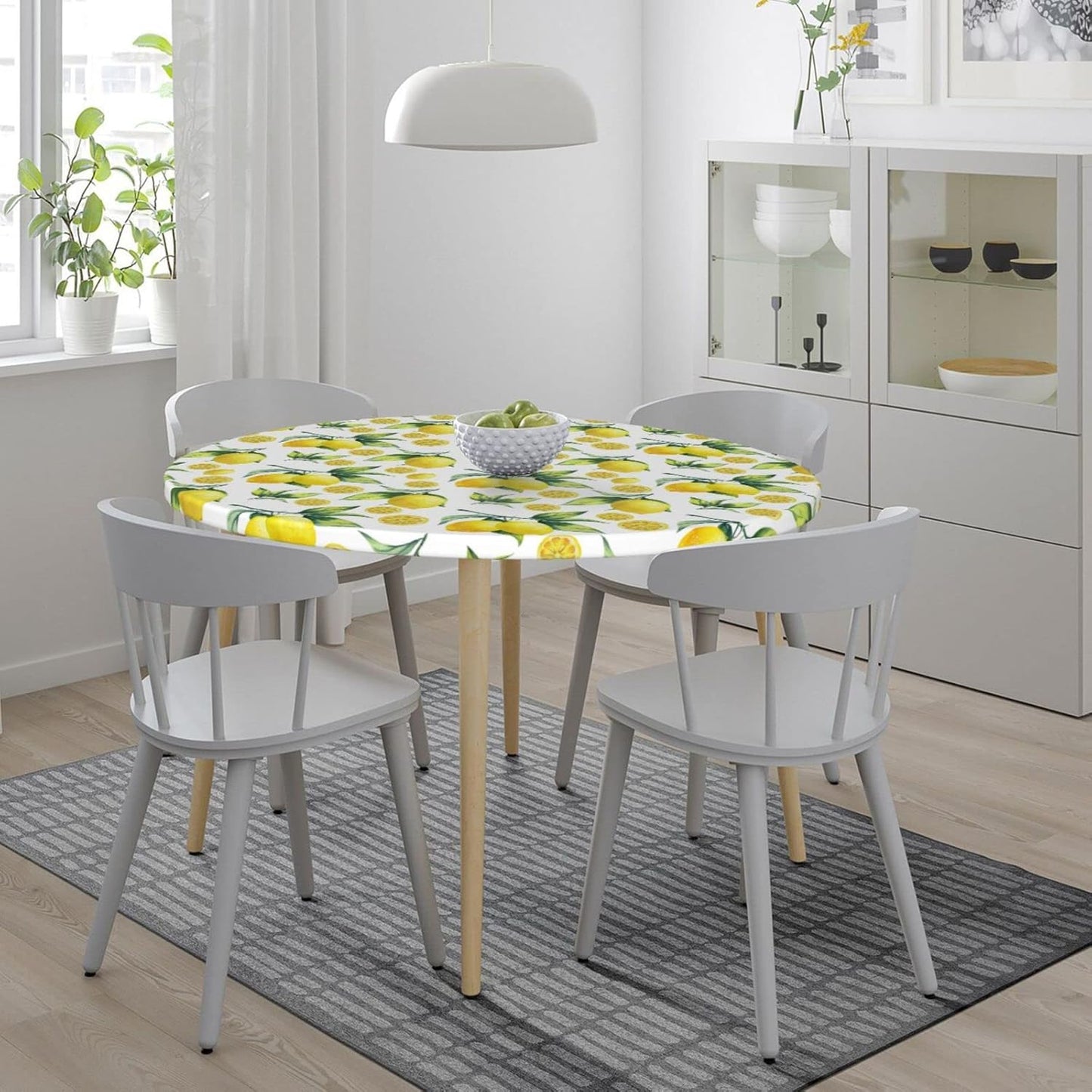 Elastic Edged Round Lemon Fitted Table Cloth Cover, Home Decorative Tablecloth for Indoor Outdoor Kitchen Party, Fits 40" - 44" Tables, Small