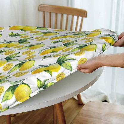 Elastic Edged Round Lemon Fitted Table Cloth Cover, Home Decorative Tablecloth for Indoor Outdoor Kitchen Party, Fits 40" - 44" Tables, Small