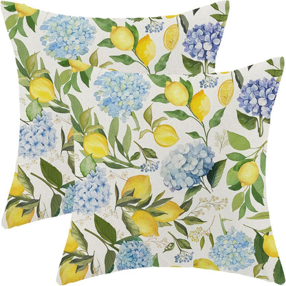 Lemon Floral Pillow Covers 18x18 Inch Set of 2 Blue Green Hydrangea Floral Yellow Lemon Throw Pillows Spring Summer Flower Lemon Pillowcases Outdoor Decor Linen Cushion Covers for Couch Sofa