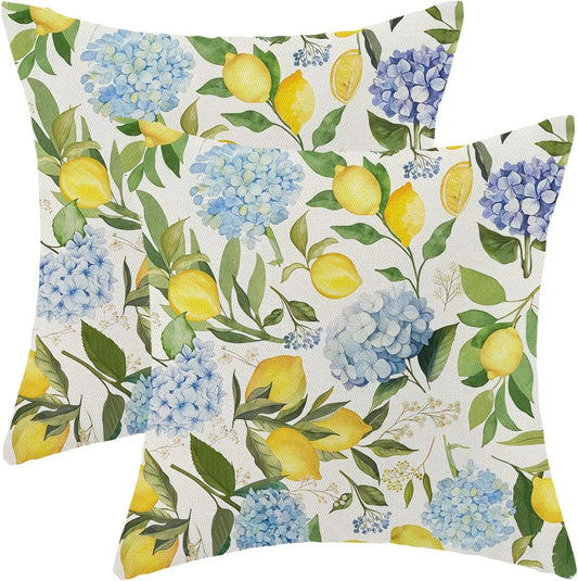 Lemon Floral Pillow Covers 18x18 Inch Set of 2 Blue Green Hydrangea Floral Yellow Lemon Throw Pillows Spring Summer Flower Lemon Pillowcases Outdoor Decor Linen Cushion Covers for Couch Sofa