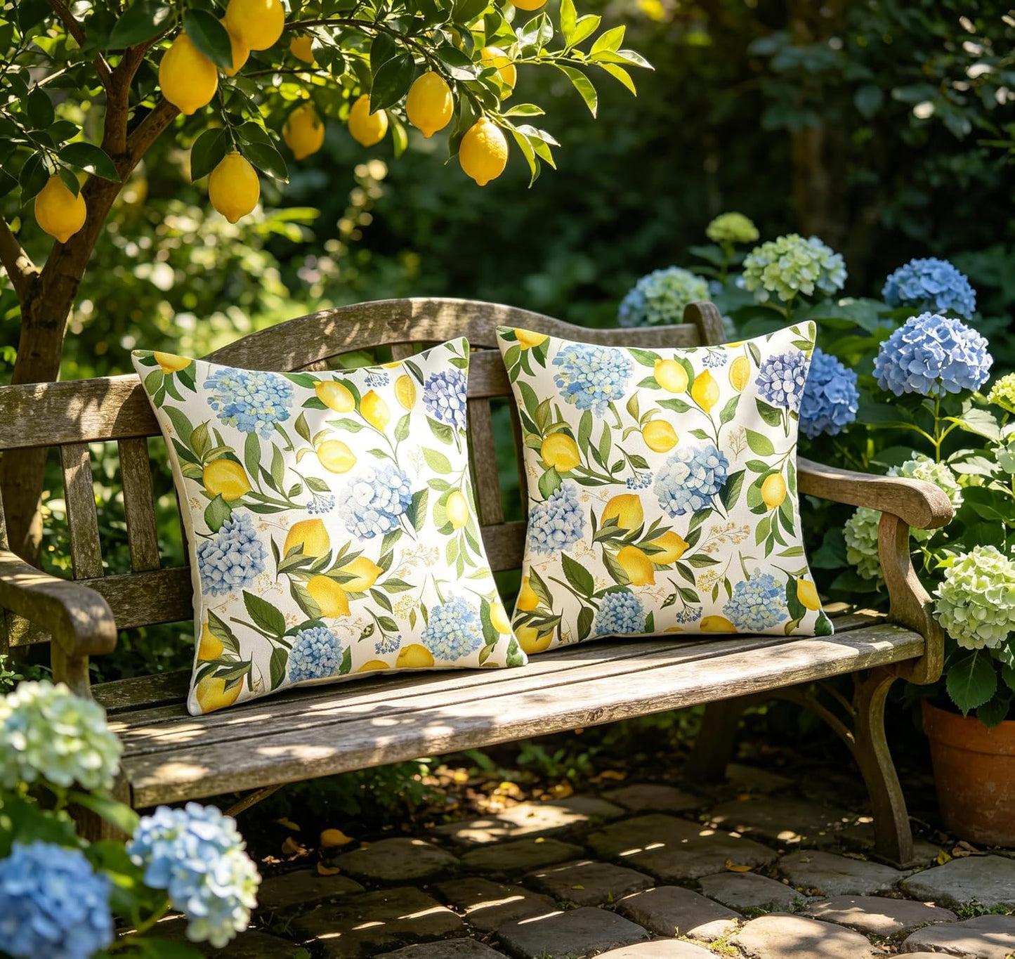 Lemon Floral Pillow Covers 18x18 Inch Set of 2 Blue Green Hydrangea Floral Yellow Lemon Throw Pillows Spring Summer Flower Lemon Pillowcases Outdoor Decor Linen Cushion Covers for Couch Sofa
