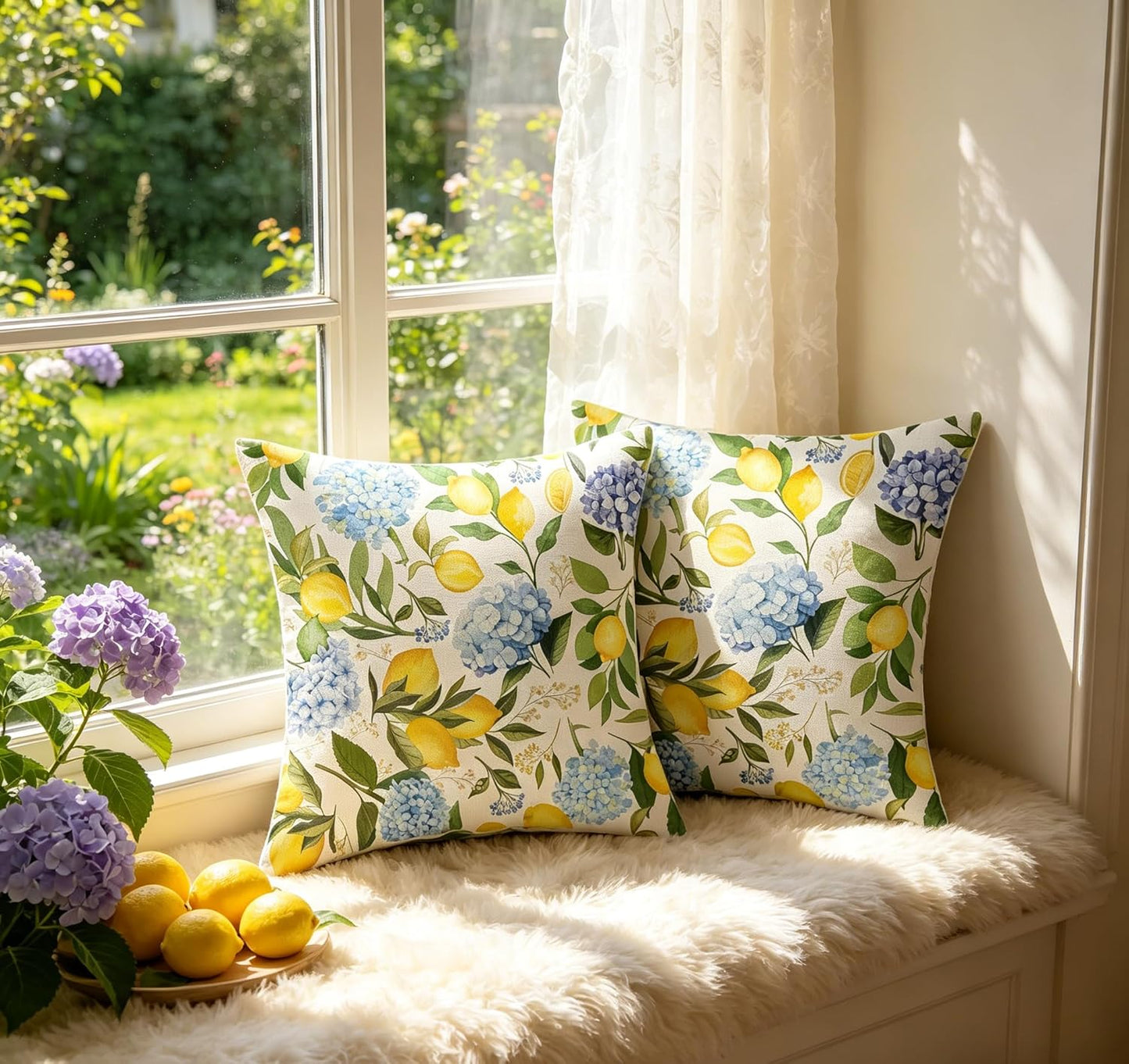 Lemon Floral Pillow Covers 18x18 Inch Set of 2 Blue Green Hydrangea Floral Yellow Lemon Throw Pillows Spring Summer Flower Lemon Pillowcases Outdoor Decor Linen Cushion Covers for Couch Sofa