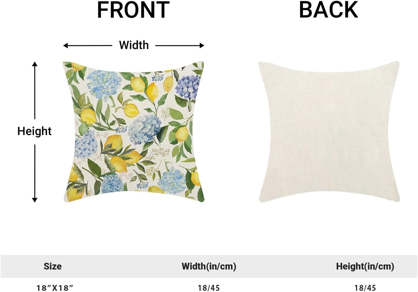 Lemon Floral Pillow Covers 18x18 Inch Set of 2 Blue Green Hydrangea Floral Yellow Lemon Throw Pillows Spring Summer Flower Lemon Pillowcases Outdoor Decor Linen Cushion Covers for Couch Sofa