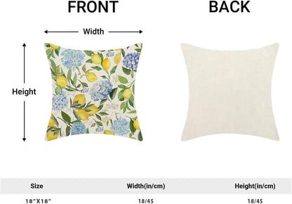 Lemon Floral Pillow Covers 18x18 Inch Set of 2 Blue Green Hydrangea Floral Yellow Lemon Throw Pillows Spring Summer Flower Lemon Pillowcases Outdoor Decor Linen Cushion Covers for Couch Sofa