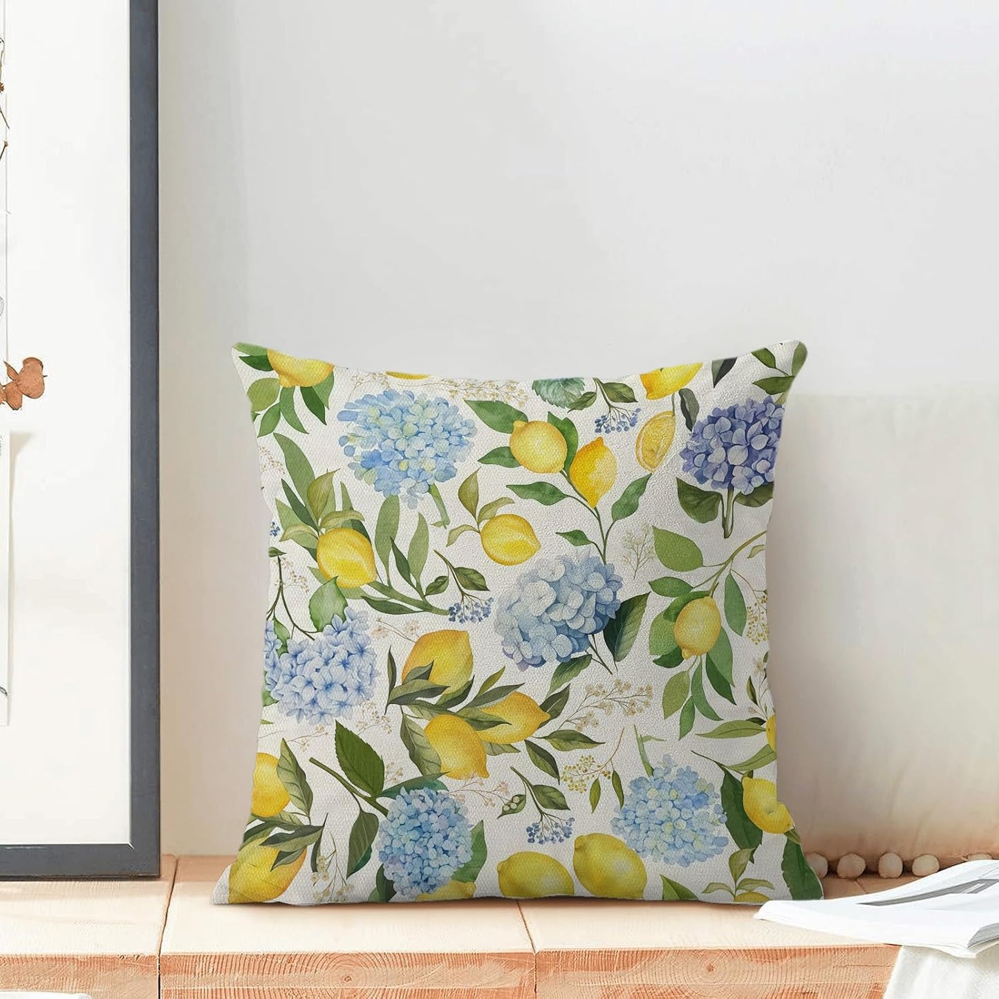 Lemon Floral Pillow Covers 18x18 Inch Set of 2 Blue Green Hydrangea Floral Yellow Lemon Throw Pillows Spring Summer Flower Lemon Pillowcases Outdoor Decor Linen Cushion Covers for Couch Sofa