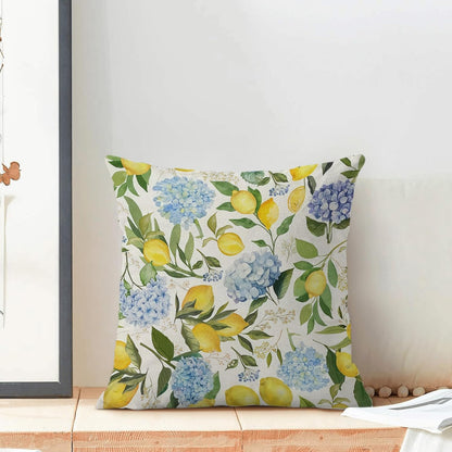 Lemon Floral Pillow Covers 18x18 Inch Set of 2 Blue Green Hydrangea Floral Yellow Lemon Throw Pillows Spring Summer Flower Lemon Pillowcases Outdoor Decor Linen Cushion Covers for Couch Sofa