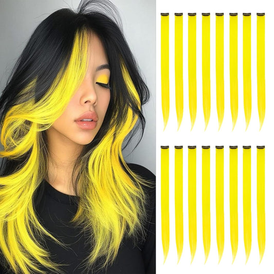 Yellow Colored Hair Extensions, Multi-colors Party Highlights Clip in Synthetic Hair Extensions, 22 inch Rainbow Hairpieces for Girls Women Favor Gift (16 PCS Yellow Hair)