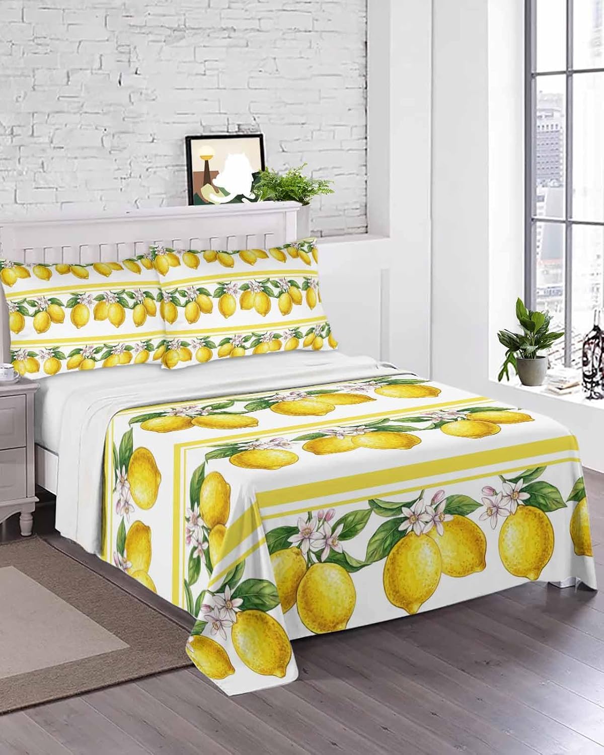 Queen Size Top Sheet Only, Summer Lemon Flower Leaf Flat Sheet Microfiber Breathable Soft Bed Sheets, Yellow Fruit Minimalist Stripe Hotel Bedding Flat Sheets for Bedroom