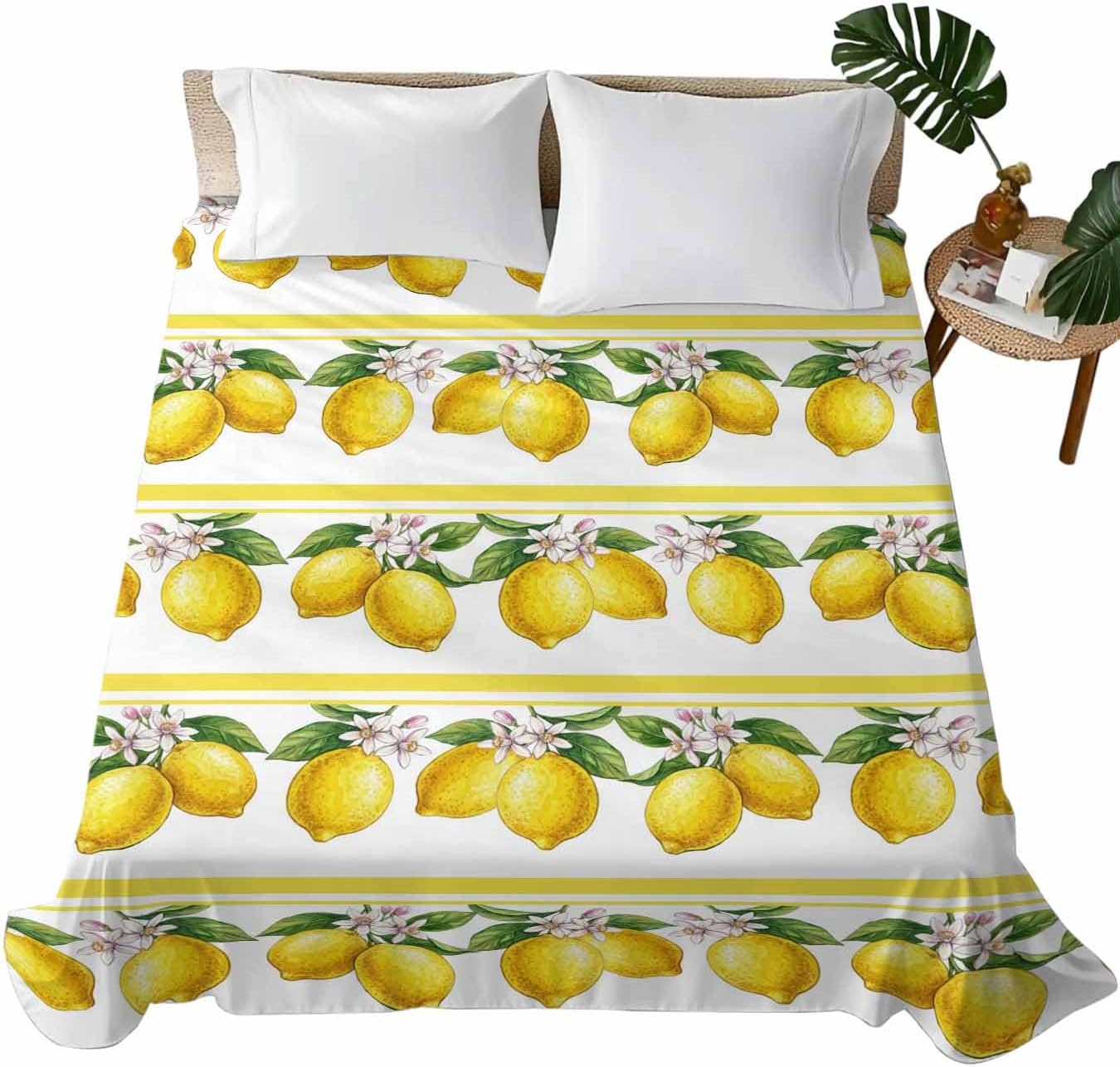 Queen Size Top Sheet Only, Summer Lemon Flower Leaf Flat Sheet Microfiber Breathable Soft Bed Sheets, Yellow Fruit Minimalist Stripe Hotel Bedding Flat Sheets for Bedroom