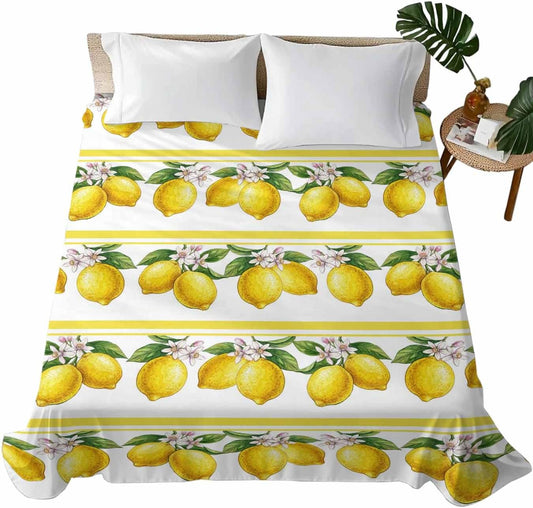 Queen Size Top Sheet Only, Summer Lemon Flower Leaf Flat Sheet Microfiber Breathable Soft Bed Sheets, Yellow Fruit Minimalist Stripe Hotel Bedding Flat Sheets for Bedroom
