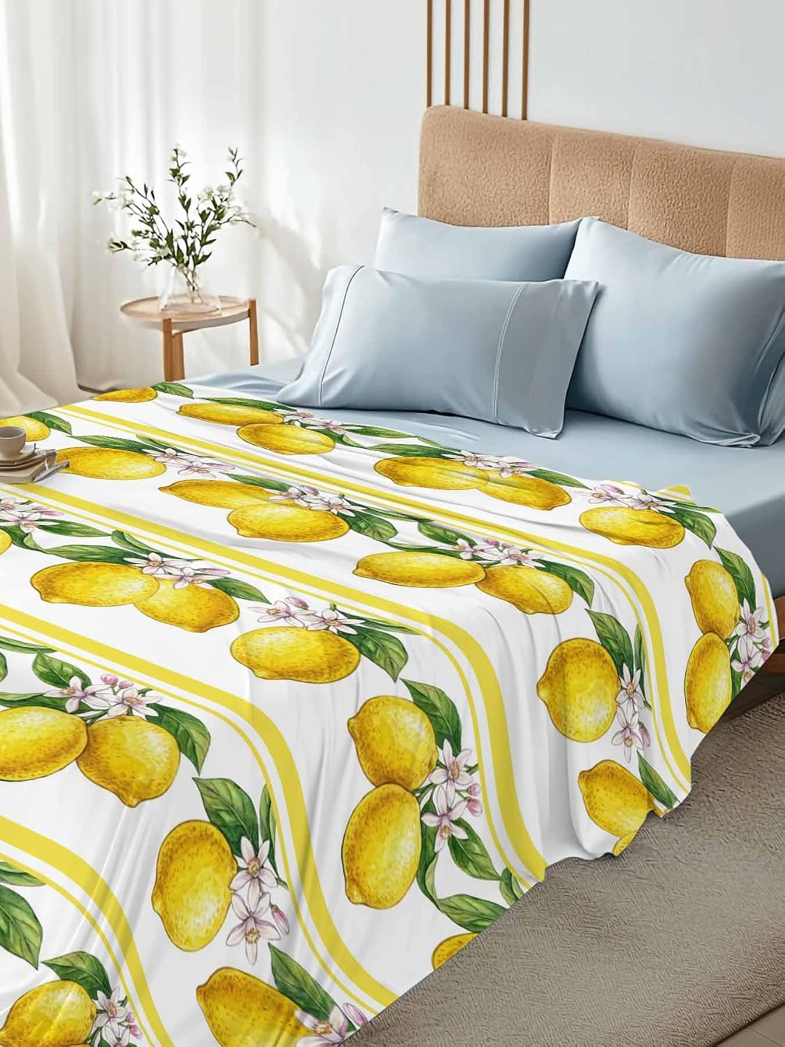Queen Size Top Sheet Only, Summer Lemon Flower Leaf Flat Sheet Microfiber Breathable Soft Bed Sheets, Yellow Fruit Minimalist Stripe Hotel Bedding Flat Sheets for Bedroom