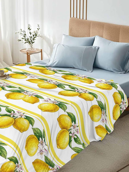 Queen Size Top Sheet Only, Summer Lemon Flower Leaf Flat Sheet Microfiber Breathable Soft Bed Sheets, Yellow Fruit Minimalist Stripe Hotel Bedding Flat Sheets for Bedroom