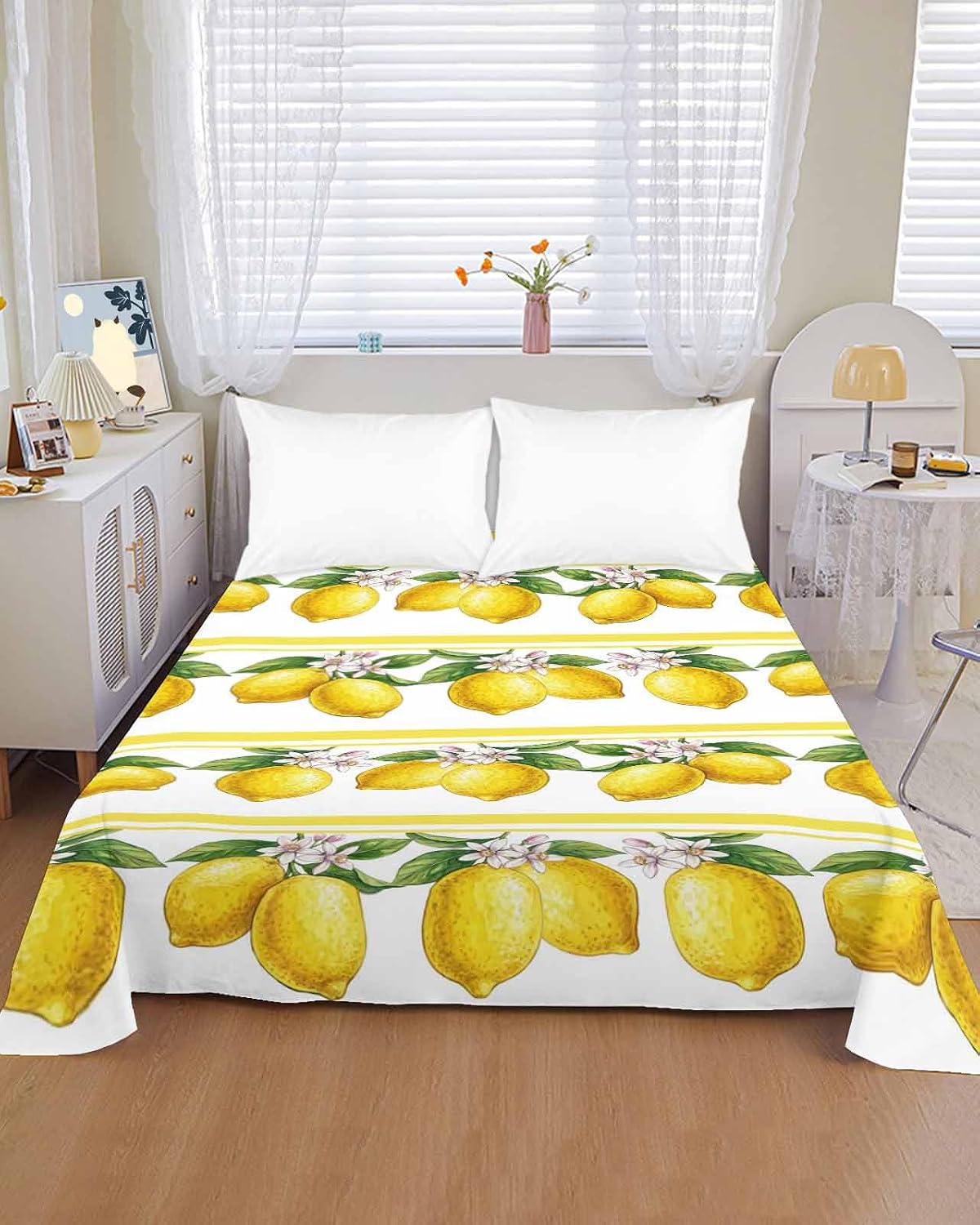Queen Size Top Sheet Only, Summer Lemon Flower Leaf Flat Sheet Microfiber Breathable Soft Bed Sheets, Yellow Fruit Minimalist Stripe Hotel Bedding Flat Sheets for Bedroom