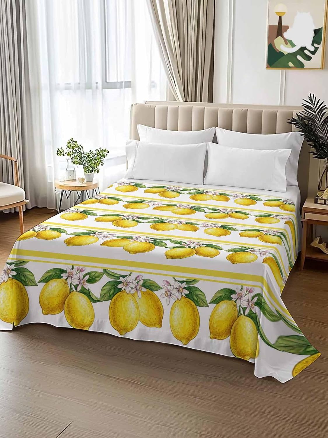 Queen Size Top Sheet Only, Summer Lemon Flower Leaf Flat Sheet Microfiber Breathable Soft Bed Sheets, Yellow Fruit Minimalist Stripe Hotel Bedding Flat Sheets for Bedroom