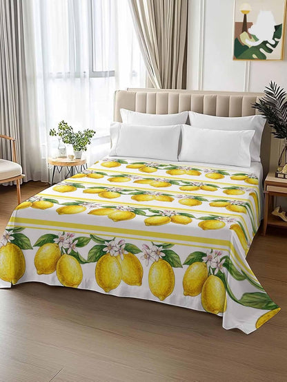 Queen Size Top Sheet Only, Summer Lemon Flower Leaf Flat Sheet Microfiber Breathable Soft Bed Sheets, Yellow Fruit Minimalist Stripe Hotel Bedding Flat Sheets for Bedroom