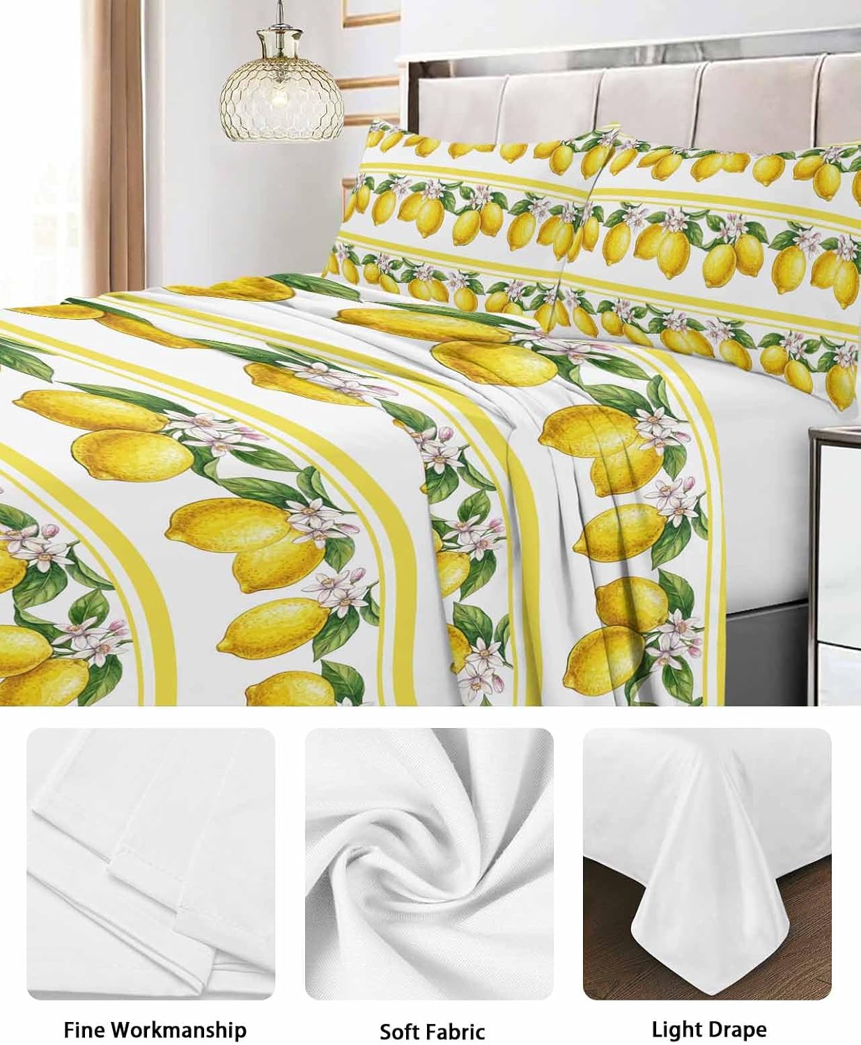 Queen Size Top Sheet Only, Summer Lemon Flower Leaf Flat Sheet Microfiber Breathable Soft Bed Sheets, Yellow Fruit Minimalist Stripe Hotel Bedding Flat Sheets for Bedroom