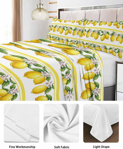 Queen Size Top Sheet Only, Summer Lemon Flower Leaf Flat Sheet Microfiber Breathable Soft Bed Sheets, Yellow Fruit Minimalist Stripe Hotel Bedding Flat Sheets for Bedroom