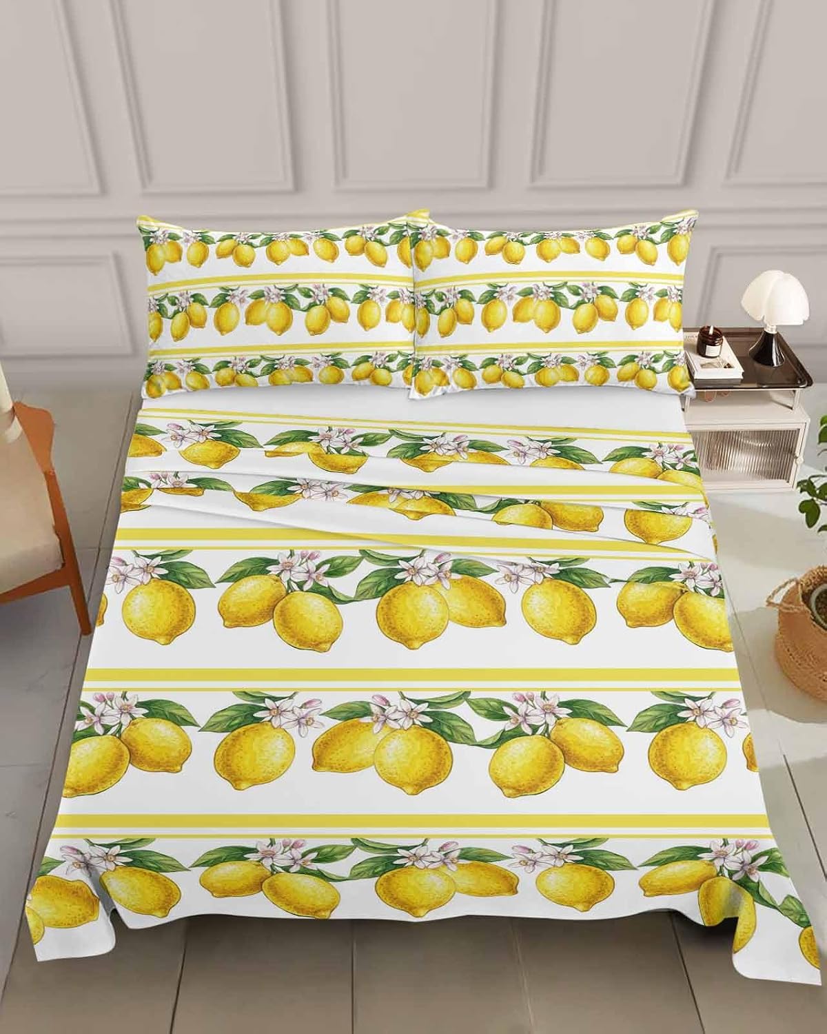 Queen Size Top Sheet Only, Summer Lemon Flower Leaf Flat Sheet Microfiber Breathable Soft Bed Sheets, Yellow Fruit Minimalist Stripe Hotel Bedding Flat Sheets for Bedroom