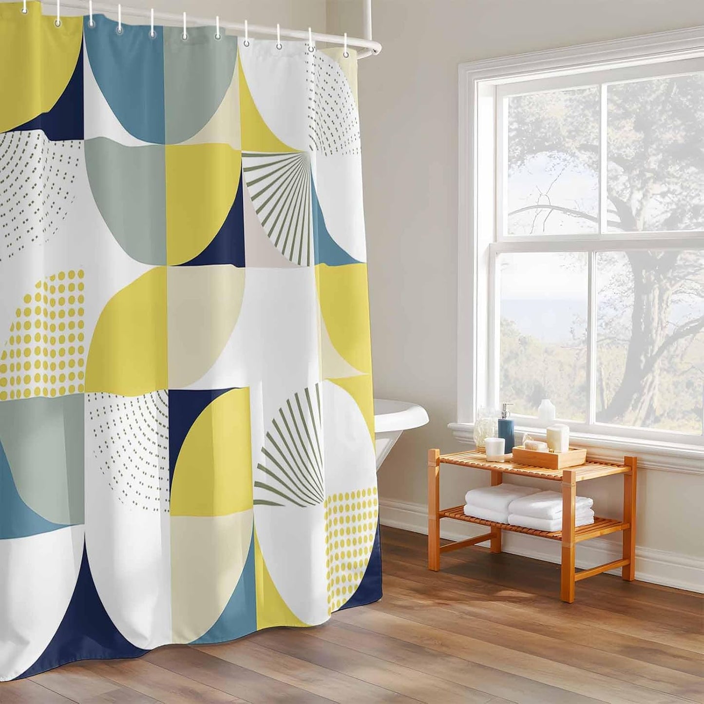 Shower Curtain Modern Yellow Geometric Shower Curtains for Bathroom Decor Abstract Mid Century Bath Curtains Sets with Hooks for Home Decor Waterproof 72 x 72 in