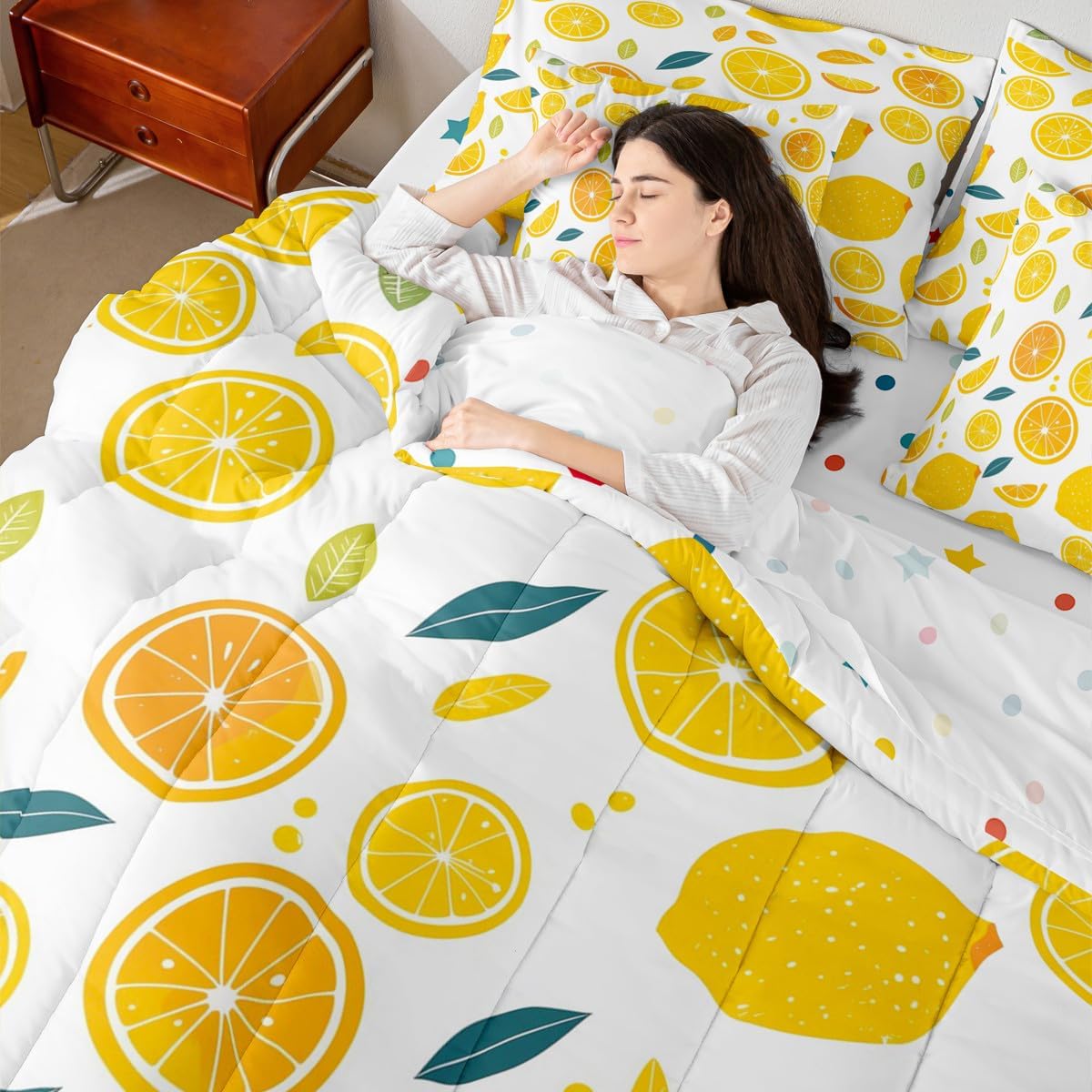 Cute Lemon Kids Comforter Set with Sheets,Boys Girls Full Size,Fun Vegetable 7 Piece Bedding Set,Cartoon Farmhouse Lifestyle Design Bed in a Bag,Yellow Large Lemon All Season Bedroom Decor