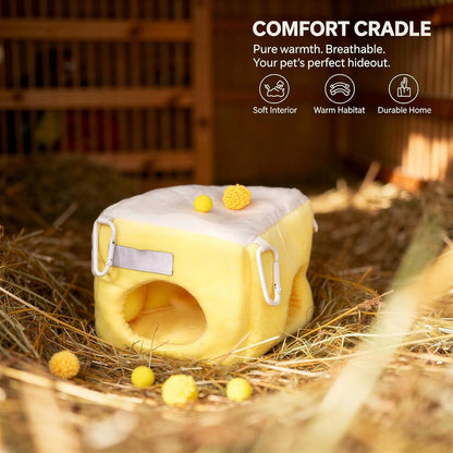 Hamster Cave Bed with Tunnel, Crystal Supreme Comfort Polyester, Hangable Warm Breathable Hideout, Yellow White Plush House for Hamsters, Guinea Pigs, Chinchillas, Ferrets, Gerbils