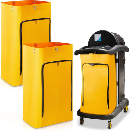 2 Pack Cleaning Cart Bag Zippered Front Replacement Janitorial Cart Thick Bag Large Capacity Commercial Cleaning Bags for Housekeeping Carts, Yellow (26.5 x 15.5 x 10.5 Inch)