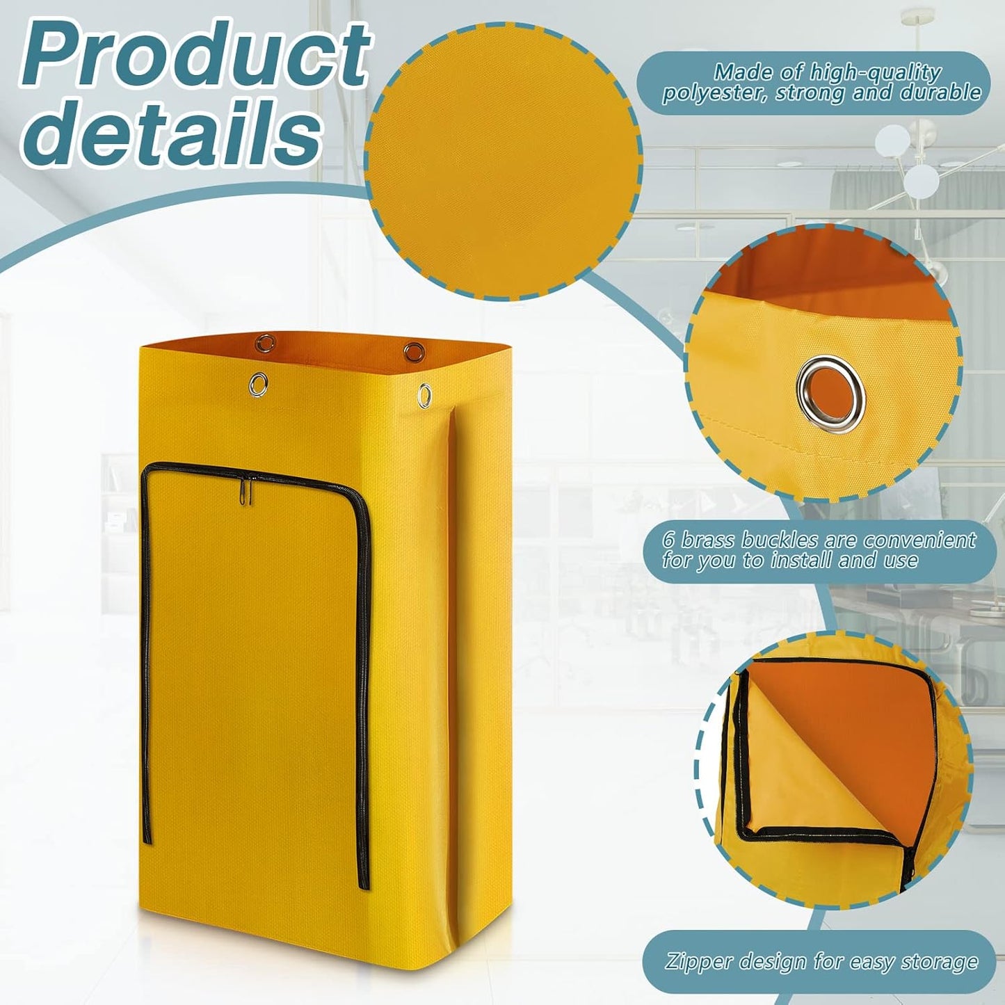 2 Pack Cleaning Cart Bag Zippered Front Replacement Janitorial Cart Thick Bag Large Capacity Commercial Cleaning Bags for Housekeeping Carts, Yellow (26.5 x 15.5 x 10.5 Inch)