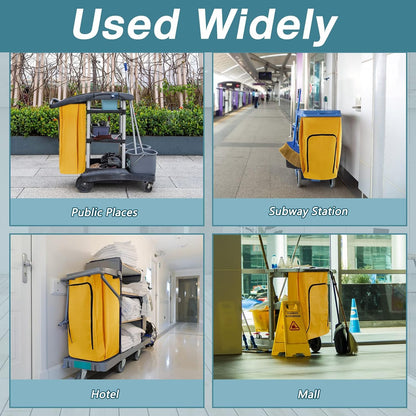 2 Pack Cleaning Cart Bag Zippered Front Replacement Janitorial Cart Thick Bag Large Capacity Commercial Cleaning Bags for Housekeeping Carts, Yellow (26.5 x 15.5 x 10.5 Inch)