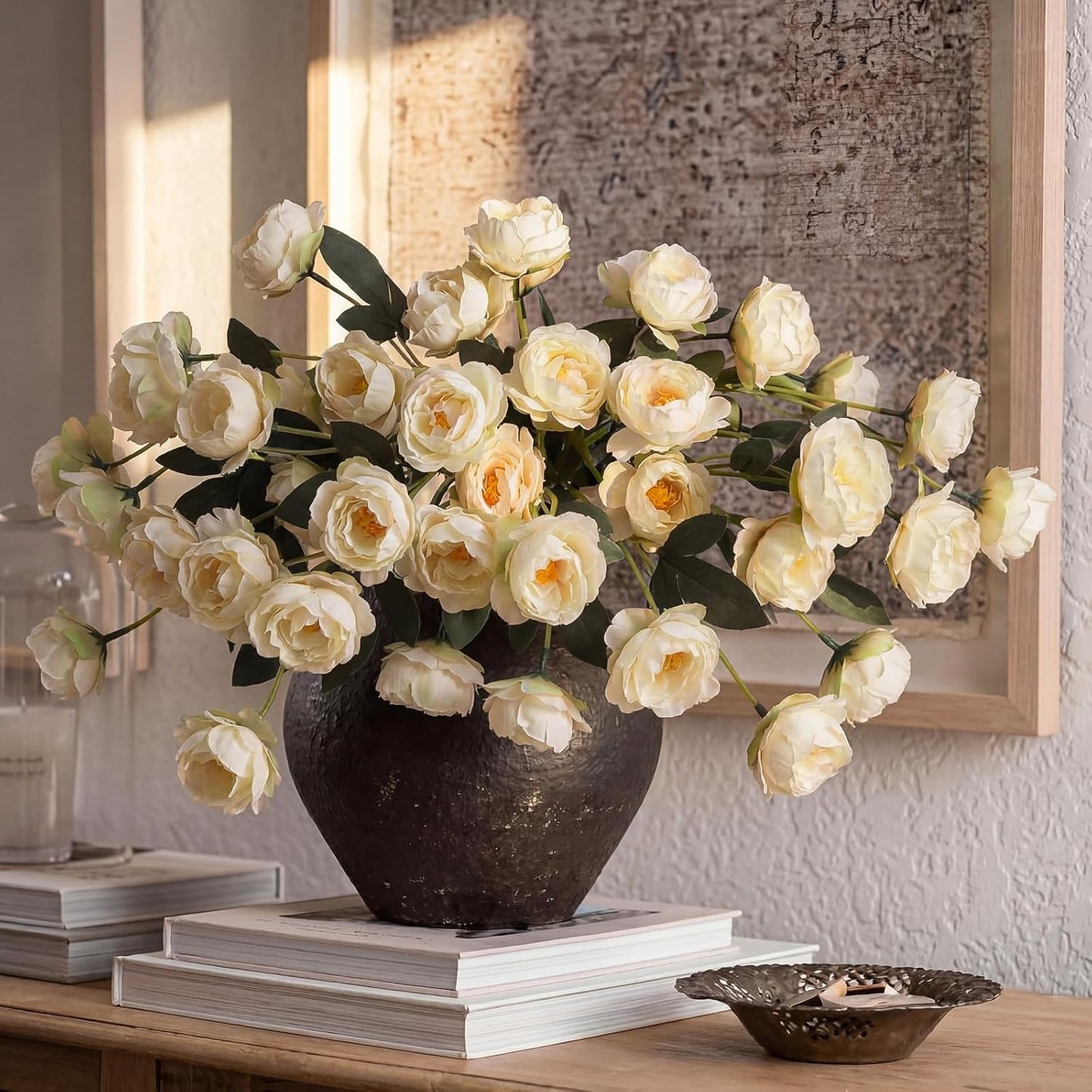 6 Pcs 32" Large Yellow Artificial Peonies Stems Flowers, Real Look Faux Silk Peony Bouquet 42 Heads Total for Vase Filler, Farmhouse Rustic Neutral Home Decor, Wedding Centerpieces