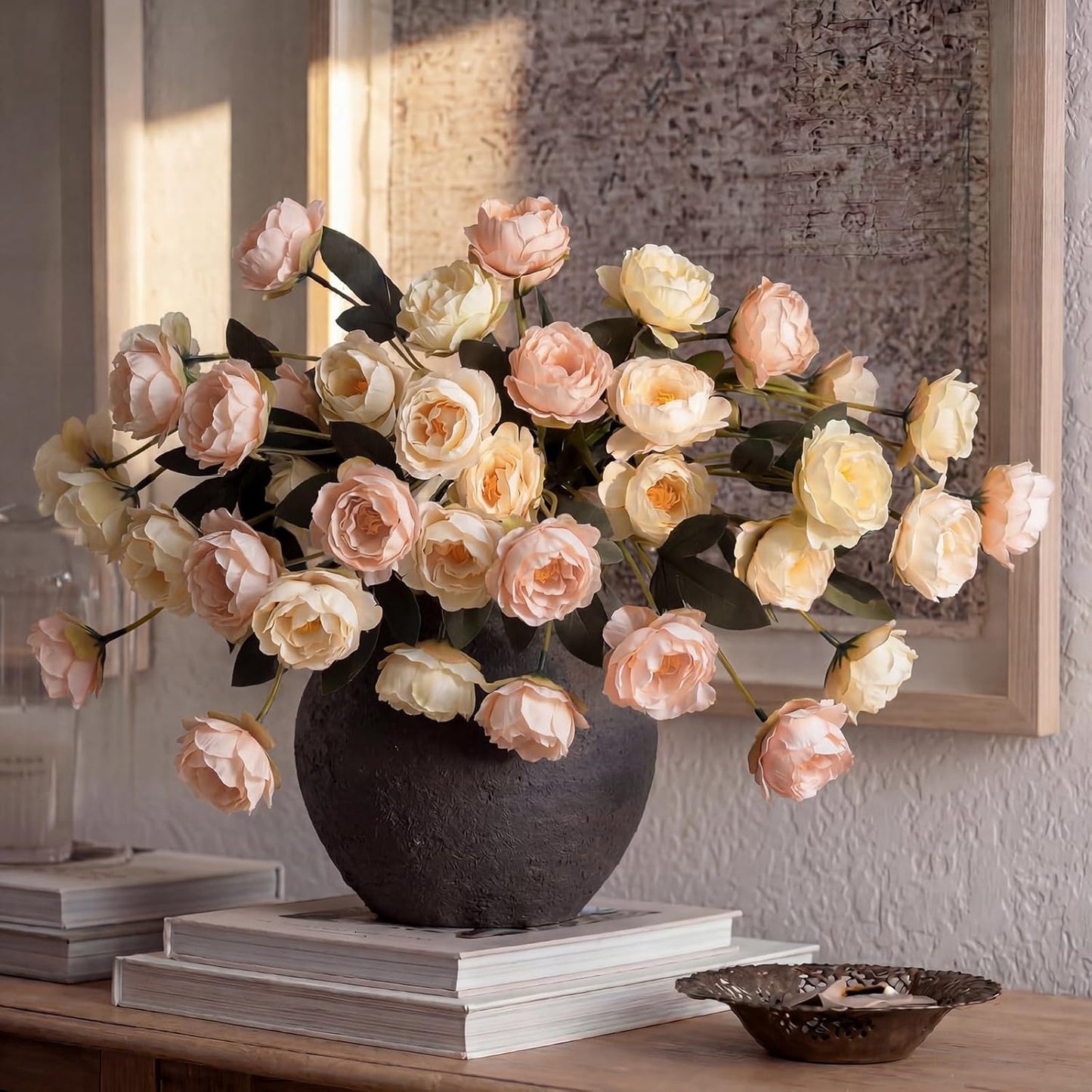 6 Pcs 32" Large Yellow Artificial Peonies Stems Flowers, Real Look Faux Silk Peony Bouquet 42 Heads Total for Vase Filler, Farmhouse Rustic Neutral Home Decor, Wedding Centerpieces