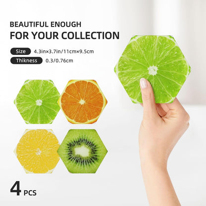 Lemon Oranges Coasters for Drinks Set of 4, Funny Fruit Ceramic Coasters with Cork Base Absorbent for Dining Tables Restaurants Cafes Home Decor,Housewarming Gift,Hexagon