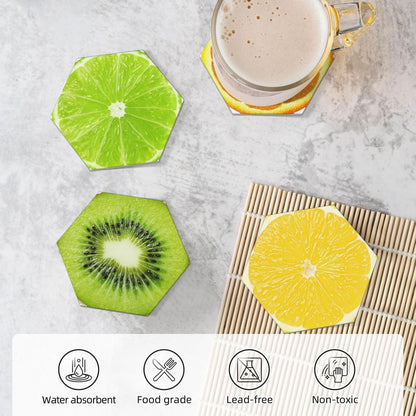 Lemon Oranges Coasters for Drinks Set of 4, Funny Fruit Ceramic Coasters with Cork Base Absorbent for Dining Tables Restaurants Cafes Home Decor,Housewarming Gift,Hexagon