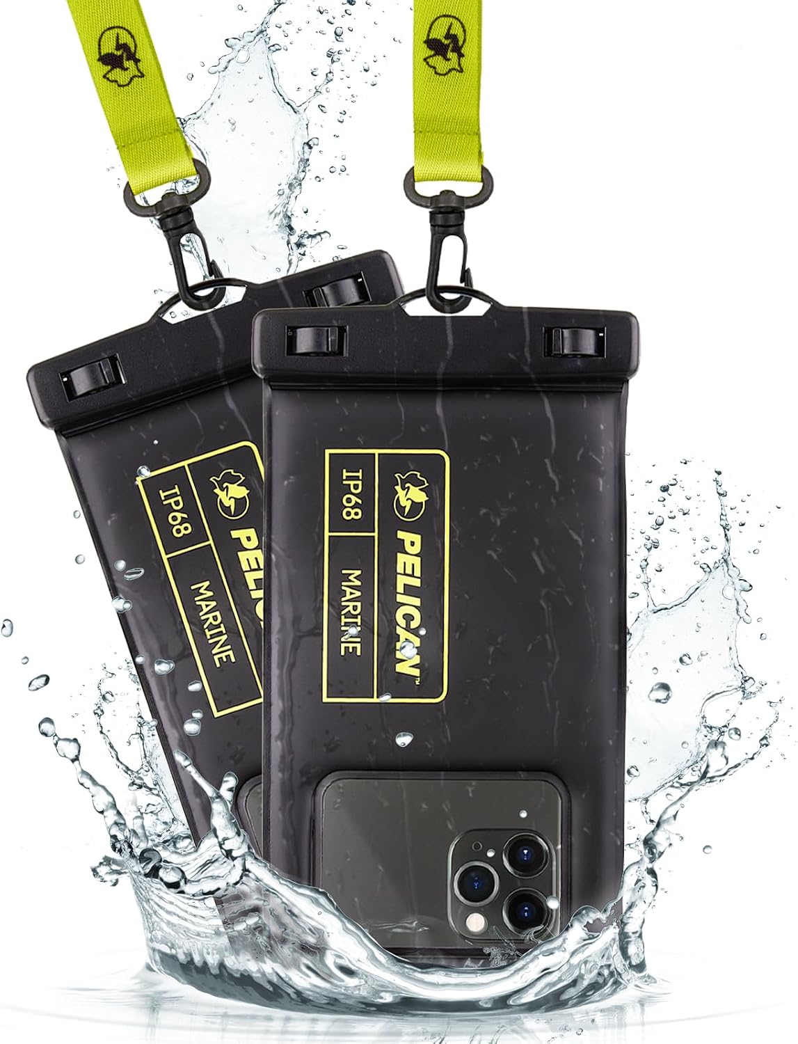 2 Pack Marine Waterproof Phone Pouch (Regular) -Black/Hi-Vis Yellow | Touchscreen IP68 Floating Waterproof Phone Case w/Detachable Lanyard - Fits All Phones - Beach Cruise Ship Travel Essentials