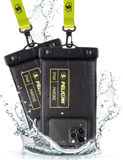 2 Pack Marine Waterproof Phone Pouch (Regular) -Black/Hi-Vis Yellow | Touchscreen IP68 Floating Waterproof Phone Case w/Detachable Lanyard - Fits All Phones - Beach Cruise Ship Travel Essentials