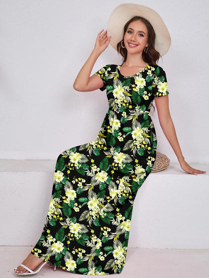 Maxi Dress for Women Short Sleeve Casual Summer Loose Plain Comfy Long Dresses with Pockets
