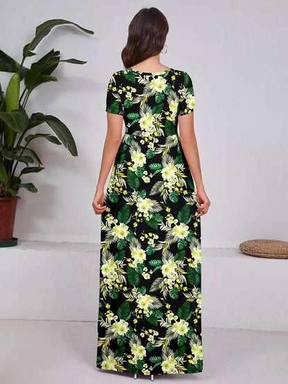 Maxi Dress for Women Short Sleeve Casual Summer Loose Plain Comfy Long Dresses with Pockets