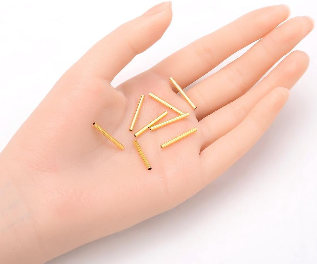 100pcs Adabele Tarnish Resistant Gold Straight Tube Beads 10mm, Hole 1.2mm | Premium 18K Yellow Gold Plated, Sleek Hollow Metal Straight Pipes Spacer Tubes for Craft Jewelry Making Bracelets