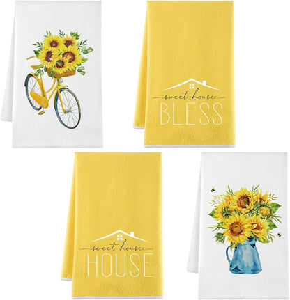 4 Pcs Summer Hand Towel Sunflower Kitchen Towels Kitchen Sets Yellow Seasonal Summer Decoration Tea Dish Cloth for Bathroom Decor Housewarming Gifts,16 x 24 Inch