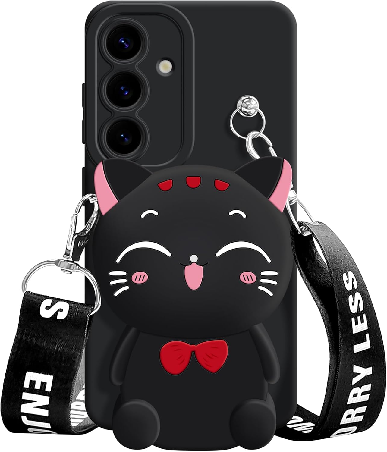 for Samsung Galaxy A16 5G Case, Cute Black Lucky Cat Coin Purse Fancy Phone Case for Women Girls with Crossbody Strap Kawaii Soft Silicone Cover for Galaxy A16 4G/5G