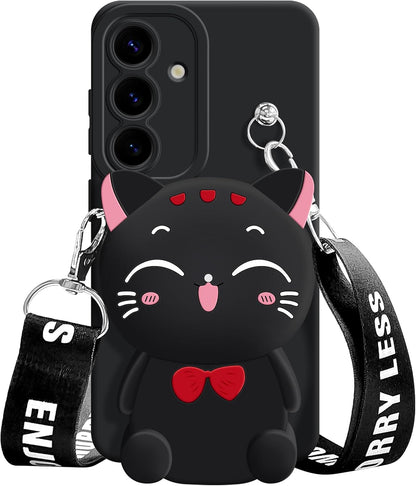 for Samsung Galaxy A16 5G Case, Cute Black Lucky Cat Coin Purse Fancy Phone Case for Women Girls with Crossbody Strap Kawaii Soft Silicone Cover for Galaxy A16 4G/5G