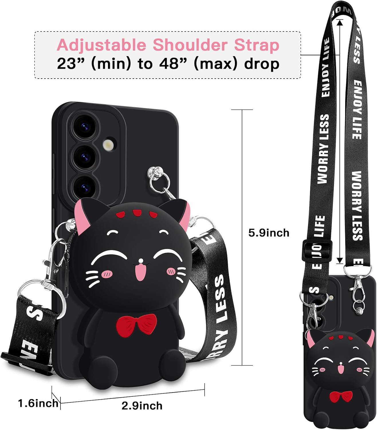 for Samsung Galaxy A16 5G Case, Cute Black Lucky Cat Coin Purse Fancy Phone Case for Women Girls with Crossbody Strap Kawaii Soft Silicone Cover for Galaxy A16 4G/5G
